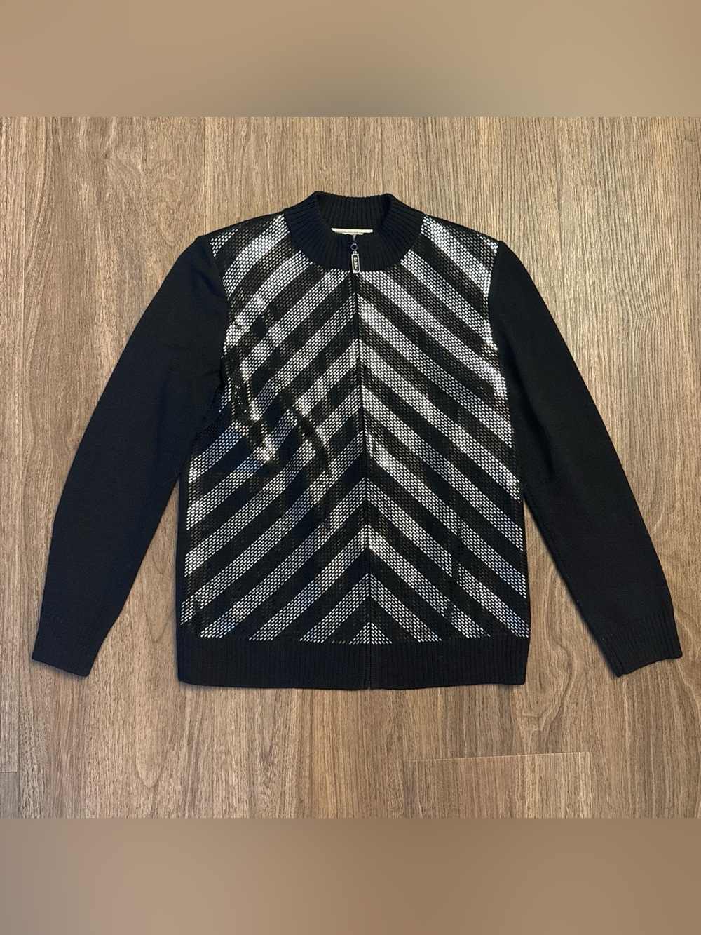 Vintage St. John Black and silver metallic chevron knit zip-up sweater.